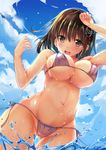  arm_up ass_visible_through_thighs bad_hands bangs bare_arms beach bikini blue_sky blush bouncing_breasts breasts brown_eyes brown_hair cloud commentary_request day dutch_angle error eyebrows_visible_through_hair from_below haguro_(kantai_collection) hair_between_eyes hair_ornament hand_up highres hips kantai_collection large_breasts looking_at_viewer micro_bikini navel ocean open_mouth outdoors shiny shiny_skin side-tie_bikini sky smile solo sumisuzu swimsuit thighs wading water water_drop wet 