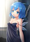 alternate_costume bare_arms bare_shoulders blue_bow blue_eyes blue_hair bow breasts cirno cleavage curtains hair_bow highres ice ice_wings indoors kirimori_toya lingerie looking_at_viewer medium_breasts negligee shiny shiny_hair solo standing strap_slip tareme touhou underwear window wings 