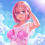  armpit_peek bikini bikini_under_clothes blue_sky breasts cloud day fate/grand_order fate_(series) glasses light_smile looking_at_viewer looking_to_the_side mash_kyrielight medium_breasts open_mouth pink-framed_eyewear pink_bikini_top pink_hair purple_eyes see-through shirt short_hair short_sleeves sky solo sunlight swimsuit upper_body wet wet_clothes wet_hair wet_shirt white_shirt zaxwu 