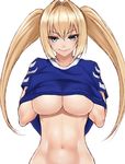  alternate_costume blonde_hair blue_eyes blue_shirt breasts cleavage closed_mouth cocq_taichou commentary_request fate/grand_order fate_(series) hair_between_eyes hair_intakes large_breasts long_hair looking_at_viewer navel nero_claudius_(fate)_(all) nero_claudius_(swimsuit_caster)_(fate) no_bra shirt shirt_lift short_sleeves simple_background smile twintails underboob upper_body white_background 