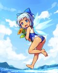  ass bare_back bare_shoulders barefoot blue_wings blush bow cirno cloud cloudy_sky dark_skin dated day fang flower from_behind hair_bow highres holding langbazi looking_at_viewer one-piece_swimsuit open_mouth signature sky smile solo sunflower swimsuit tan tanline tanned_cirno touhou water wings 
