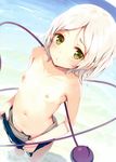  absurdres bathing breasts green_eyes green_hair highres ke-ta komeiji_koishi looking_at_viewer nipples ocean open_clothes outdoors petite sand scan short_hair small_breasts solo swimsuit swimsuit_pull third_eye topless touhou wet 