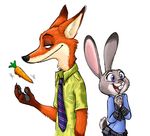  2016 4_fingers anthro biped black_fur black_pawpads blue_clothing brown_fur buckteeth canine carrot carrot_pen cheek_tuft clothed clothing digital_drawing_(artwork) digital_media_(artwork) dipstick_ears disney dress_shirt duo ears_back female fingerless_gloves fluffy fluffy_tail food fox front_view fur gloves gloves_(marking) green_clothing green_eyes grey_fur half-closed_eyes half-length_portrait hi_res inner_ear_fluff interlocked_fingers judy_hopps lagomorph looking_back male mammal markings multicolored_fur neck_tuft necktie nick_wilde open_mouth open_smile orange_fur pawpads paws police_uniform portrait predator/prey purple_eyes rabbit raybee shirt short_tail side_view simple_background small_waist smile standing tan_fur teeth tuft uniform vegetable white_background white_fur wide_eyed wide_hips zootopia 