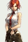 bare_shoulders black_gloves breasts gloves grey_background hankuri large_breasts looking_at_viewer midriff necktie parted_lips red_eyes red_hair shirt short_hair simple_background sleeveless sleeveless_shirt solo suspenders the_king_of_fighters vanessa_(king_of_fighters) 