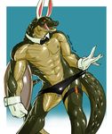 abs alligator anthro athletic biceps bow_tie brown_skin bulge cheschirebacon clothed clothing collar crocodilian fangs gloves green_skin hi_res league_of_legends male muscular necktie nipples open_mouth orange_eyes pecs pose renekton reptile riot_games scales scalie solo speedo standing stripper swimsuit teasing teeth thong tongue tongue_out topless underwear underwear_aside video_games 