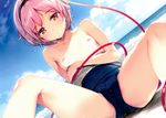  absurdres breasts cameltoe cloud day hairband highres ke-ta komeiji_satori looking_at_viewer nipples ocean open_clothes outdoors pink_eyes pink_hair sand scan school_swimsuit short_hair sitting sky small_breasts solo spread_legs swimsuit touhou water wet 