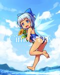  ass bare_back bare_shoulders barefoot blue_wings blush bow character_name cirno cloud cloudy_sky commentary_request dark_skin dated day fang flower from_behind hair_bow highres holding langbazi looking_at_viewer one-piece_swimsuit open_mouth signature sky smile solo sunflower swimsuit tan tanned_cirno touhou water wings 