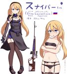  bandeau black_panties blonde_hair blue_eyes breasts cat character_sheet commentary_request crossed_arms elbow_gloves elina_lavrentieva flag garter_straps gloves gun hair_between_eyes hairband highres long_hair looking_at_viewer multiple_views navel neit_ni_sei open_mouth original overskirt panties rifle russian russian_flag scope shirt sidelocks small_breasts stuffed_animal stuffed_toy thighhighs translation_request twintails underwear weapon 