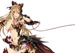  armor black_gloves blonde_hair bow breasts contrapposto cowboy_shot exploding_clothes gloves granblue_fantasy hair_bow hands_on_own_face long_hair looking_at_viewer medium_breasts moriyama_yuuki navel open_mouth red_eyes red_string smile solo standing string torn_clothes vira_lilie 
