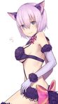  animal_ears black_bra bow bra breasts dangerous_beast elbow_gloves eyebrows_visible_through_hair fate/grand_order fate_(series) from_side gloves grey_eyes grey_gloves highres kinryuu looking_at_viewer mash_kyrielight medium_breasts pink_bow pink_hair shiny shiny_skin short_hair sideboob simple_background solo standing tail underwear white_background 