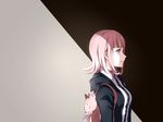  black_jacket danganronpa dress_shirt hood hooded_jacket jacket nanami_chiaki neck_ribbon open_clothes open_jacket pink_eyes pink_hair pink_ribbon ribbon shi_er_xian shirt short_hair solo standing super_danganronpa_2 upper_body white_shirt 