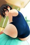  ass ball bare_shoulders black_eyes black_hair blue_swimsuit blurry blurry_background blush dutch_angle eyebrows_visible_through_hair from_behind highres leaning_forward looking_at_viewer looking_back matsunaga_kouyou one-piece_swimsuit original school_swimsuit short_hair sitting solo sweat swimsuit tareme wet 