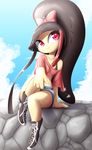  bangs black_hair blue_sky blunt_bangs bow cloud commentary crop_top day full_body gen_3_pokemon hair_bow humanization long_hair looking_at_viewer looking_to_the_side mawile midriff multicolored_hair navel pink_bow pokemon ponytail red_eyes rilex_lenov shorts sitting sky smile solo stone_wall streaked_hair wall yellow_skin 