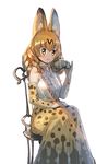  adapted_costume alternate_hair_length alternate_hairstyle animal_ears blonde_hair blush bow bow_(bhp) bowtie chair cup dress drill_hair elbow_gloves frills gloves holding holding_cup japari_symbol kemono_friends long_hair looking_at_viewer pinky_out ringlets serval_(kemono_friends) serval_ears serval_print sitting smile solo teacup white_background yellow_eyes 
