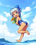  ass bare_back bare_shoulders barefoot blue_wings blush bow cirno cloud cloudy_sky dark_skin dated day fang flower from_behind hair_bow highres holding langbazi looking_at_viewer one-piece_swimsuit open_mouth signature sky smile solo sunflower swimsuit tan tanned_cirno touhou water wings 