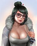  adapted_costume black-framed_eyewear black_hair blue_background breasts brown_eyes cleavage collarbone commentary drone fingernails fur-trimmed_jacket fur_coat fur_trim glasses gradient gradient_background grey_shirt hair_ornament hair_stick heart holding jacket large_breasts lips looking_at_viewer md5_mismatch mei_(overwatch) no_bra noon_nune nose overwatch parted_lips pink_background shirt snowflake_hair_ornament solo tank_top toy upper_body 