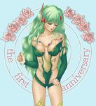  bangs bare_shoulders blue_background breasts breasts_apart circle closed_eyes collarbone commentary_request cowboy_shot earrings english facing_viewer final_fantasy final_fantasy_iv final_fantasy_iv_the_after flower green_hair green_leotard groin hair_ornament jewelry leotard long_hair nairu open_mouth revealing_clothes rose rydia side_cutout small_breasts solo standing wavy_hair 