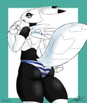  big_butt black_sclera blue_eyes blush butt clothed clothing digimon female from_behind_(disambiguation) glowing hi_res janus_(jeffthehusky) jeffthehusky looking_at_viewer machine markings panties raised_tail renamon robot smile stripes thick_thighs topless underwear 