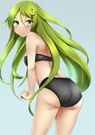  1girl artist_request ass bare_shoulders blush bra breasts crescent_moon from_behind green_eyes green_hair hair_ornament kantai_collection leaning leaning_forward long_hair looking_at_viewer nagatsuki_(kantai_collection) panties sideboob solo sweatdrop underwear underwear_only very_long_hair 