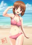  bare_arms beach bikini bob_cut breasts brown_eyes brown_hair cleavage cloud cowboy_shot day girls_und_panzer highres horizon looking_at_viewer looking_to_the_side medium_breasts navel nishizumi_miho ocean open_mouth outdoors short_hair signature sky smile solo swimsuit t_k 