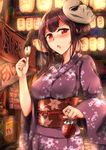  :o absurdres bangs blunt_bangs blush breasts chocolate_banana cobblestone commentary_request festival floral_print food girls_frontline hair_bun highres holding holding_food japanese_clothes jewelry kimono lantern large_breasts leaf long_sleeves looking_at_viewer mask obi obijime open_mouth paper_lantern purple_hair red_eyes ribbon ring sash sidelocks solo stall text_focus tongue tree wa2000_(girls_frontline) water_balloon yukata zhishi_ge_fangzhang 