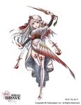  artist_name blue_eyes breasts copyright_name full_body hand_up large_breasts long_hair looking_at_viewer official_art origami paper_crane pigg_brave standing standing_on_one_leg sword tassel thighhighs weapon white_hair white_legwear yu-ri 