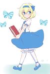  alice_margatroid alice_margatroid_(pc-98) aohashi_ame bangs blonde_hair bloomers blue_bow blue_eyes blue_footwear blue_hairband blue_neckwear book bow bowtie collared_shirt commentary_request eyebrows_visible_through_hair from_side hair_bow hairband holding long_hair looking_at_viewer mary_janes medium_skirt parted_lips puffy_short_sleeves puffy_sleeves shirt shoes short_sleeves skirt socks solo standing suspender_skirt suspenders touhou touhou_(pc-98) underwear walking white_background white_legwear white_shirt 