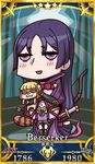  april_fools arrow blush bow_(weapon) character_doll chibi fate/grand_order fate_(series) highres long_hair looking_at_viewer low-tied_long_hair minamoto_no_raikou_(fate/grand_order) official_art open_mouth purple_eyes purple_hair riyo_(lyomsnpmp) sakata_kintoki_(fate/grand_order) servant_card_(fate/grand_order) solo very_long_hair weapon 