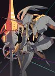  absurdres black_background breasts cowboy_shot darling_in_the_franxx hand_on_hip highres holding holding_weapon horn humanoid_robot key_visual koyama_shigeto lance looking_at_viewer mecha medium_breasts official_art parted_lips polearm red_eyes simple_background solo strelizia weapon 