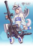  animal_ears black_legwear blush brown_eyes dog_ears dog_tail eyebrows_visible_through_hair gun gundam gundam_ms_igloo highres holding holding_gun holding_weapon horns kosai_takayuki long_hair looking_at_viewer mecha_musume mobile_suit_gundam open_mouth personification silver_hair sitting smile solo tail thighhighs weapon zaku_ii 