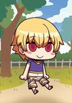  april_fools blonde_hair blue_sky blush_stickers camouflage camouflage_shorts chibi child child_gilgamesh cloud fate/grand_order fate_(series) looking_at_viewer male_focus midriff navel no_nose official_art purple_shirt red_eyes riyo_(lyomsnpmp) shirt short_sleeves shorts sky smile solo star tree younger 