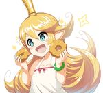  :d bangle bite_mark blonde_hair blue_eyes blush bracelet charlotta_fenia collarbone commentary_request cosplay crown doughnut dress dual_wielding eyebrows_visible_through_hair fangs food food_on_face french_cruller granblue_fantasy hair_between_eyes harvin holding holding_food jewelry long_hair monogatari_(series) o_(rakkasei) open_mouth oshino_shinobu oshino_shinobu_(cosplay) pointy_ears smile solo sparkle sundress v-shaped_eyebrows white_background white_dress 