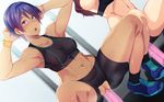  2girls abs armpits arms_behind_head arms_up bare_arms bike_shorts blue_eyes blue_hair breasts butcha-u censored dark_skin dildo erect_nipples feet game_cg highres indoors kenzen!_hentai_seikatsu_no_susume legs looking_at_viewer maezono_chihiro matching_hair/eyes mosaic_censoring multiple_girls navel original parted_lips pussy short_hair sleeveless small_breasts sneakers socks sports_bra sweat thighs torn_clothes vaginal_insertion 