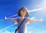  ^_^ bag bangs black_hair blue_sky bob_cut closed_eyes commentary condensation_trail day english hair_between_eyes open_mouth original outdoors outstretched_arms shirt short_hair short_sleeves shoulder_bag sishenfan sky smile solo t-shirt v-neck 