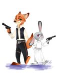  2016 3_toes 4_fingers anthro barefoot canine clothed clothing crossover disney dress duo female fox fur green_eyes gun han_solo handgun hi_res holding_object holding_weapon inner_ear_fluff inyouart judy_hopps lagomorph leia_organa looking_at_viewer looking_back male mammal nick_wilde pants pistol purple_eyes rabbit ranged_weapon shirt signature simple_background smile soles standing star_wars toes vest weapon white_background zootopia 