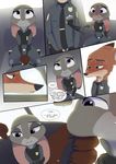  2017 anthro belt blush buckteeth bulletproof_vest canine claws clothed clothing comic dialogue dipstick_ears disney duo english_text female fox gun hand_on_cheek hand_on_chest handgun holster inside_car judy_hopps kneeling lagomorph male mammal necktie nick_wilde pistol police_uniform rabbit ranged_weapon sitting sweat sweatdrop teeth text uniform utility_belt weapon yitexity zootopia 