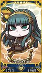  :&lt; april_fools bangs blunt_bangs chibi cleopatra_(fate/grand_order) crossed_legs earrings fate/grand_order fate_(series) green_eyes green_hair highres hoop_earrings jewelry long_hair official_art riyo_(lyomsnpmp) servant_card_(fate/grand_order) sitting sitting_on_animal snake star very_long_hair 