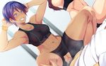  2girls abs armpits arms_behind_head arms_up bare_arms bike_shorts blue_eyes blue_hair breasts butcha-u censored clenched_teeth clothed_sex dark_skin erect_nipples feet game_cg girl_on_top highres indoors kenzen!_hentai_seikatsu_no_susume legs looking_down lying maezono_chihiro matching_hair/eyes mosaic_censoring multiple_girls navel original penis pussy sex short_hair sitting sitting_on_person sleeveless small_breasts smile sneakers socks sports_bra sweat thighs torn_clothes vaginal 