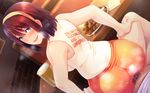  1girl ass backboob bare_arms beer blue_eyes blush bottomless breasts brown_hair butcha-u clothed_sex food from_behind game_cg hairband heavy_breathing highres hooters indoors kenzen!_hentai_seikatsu_no_susume large_breasts legs maezono_chinami open_mouth original pov pubic_hair sex short_hair shorts sitting sitting_on_person sleeveless smile solo_focus sweat table thighs uniform vaginal wet 