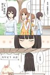  bag bangs blue_skirt blunt_bangs bookbag brown_eyes brown_hair casual closed_mouth comic commentary_request disappointed dress english eyebrows_visible_through_hair family from_behind frown girls_und_panzer hoshikawa_(hoshikawa_gusuku) long_hair long_sleeves looking_at_another looking_at_viewer medium_skirt mother_and_daughter multiple_girls nishizumi_maho nishizumi_miho nishizumi_shiho open_mouth scared shirt short_hair short_over_long_sleeves short_sleeves siblings sigh sisters sitting skirt standing streamers striped striped_shirt table translated white_shirt yellow_dress 