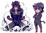  angry animal_ears black_hair bodysuit chibi clenched_hands clenched_teeth cosplay crossed_arms gradient_hair hippopotamus_(kemono_friends) hippopotamus_(kemono_friends)_(cosplay) hippopotamus_ears hippopotamus_tail hyakujuu-ou_golion keith_(voltron) kemono_friends looking_at_viewer male_focus multicolored_hair no_pupils pectorals purple_eyes smile splashing squatting tail teeth unko_yoshida voltron:_legendary_defender yellow_sclera 
