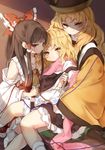  apron bare_shoulders blonde_hair blouse blush bow breasts brown_hair commentary detached_sleeves hair_bow hair_tubes hakurei_reimu hidden_star_in_four_seasons holding_hands japanese_clothes kimono kirisame_marisa large_bow lifted_by_another looking_at_viewer matara_okina medium_breasts multiple_girls no_hat no_headwear pink_scarf piyokichi red_eyes scarf shaded_face shirt_lift sideboob skirt skirt_set slit_pupils straight_hair touhou vest waist_apron wavy_hair yellow_eyes yuri 