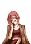  adjusting_eyewear alternate_costume aqua_eyes ark_royal_(kantai_collection) bangs bespectacled bob_cut casual coat collarbone glasses hand_on_own_cheek highres kantai_collection looking_at_viewer neo_(tyottama) pleated_skirt red_hair red_shirt shirt short_hair short_sleeves skirt smile solo swept_bangs tiara upper_body white_background 