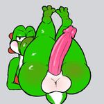  2017 3_toes anthro anthrofied balls big_thighs biped blush butt digital_drawing_(artwork) digital_media_(artwork) erection full-length_portrait green_body green_tail green_yoshi grey_background humanoid_penis legs_up long_penis lying male mario_bros nintendo nude on_back one_eye_closed pcred566 penis penis_tuck pink_penis portrait presenting presenting_hindquarters presenting_penis reptile scalie short_tail simple_background solo spikes toes two_tone_body two_tone_tail video_games white_balls white_body white_tail wink yoshi 