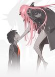  1girl absurdres barefoot black_hair darling_in_the_franxx different_shadow floating hands_on_another's_face highres hiro_(darling_in_the_franxx) horns jacket_on_shoulders key_visual light_smile long_hair looking_at_another military military_uniform official_art pink_hair short_hair spot_color tanaka_masayoshi uniform zero_two_(darling_in_the_franxx) 