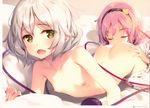  absurdres ass ass_grab bed_sheet breasts closed_eyes cunnilingus green_eyes hairband heart heart-shaped_pupils highres incest incredibly_absurdres ke-ta komeiji_koishi komeiji_satori looking_at_viewer multiple_girls nipples nude open_mouth oral pillow pink_hair scan short_hair siblings silver_hair sisters small_breasts symbol-shaped_pupils touhou yuri 