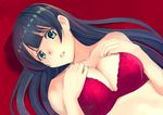  agano_(kantai_collection) black_hair bra breasts commentary_request green_eyes highres kantai_collection large_breasts long_hair looking_at_viewer masukuza_j open_mouth red_background red_bra simple_background solo underwear veins veiny_breasts 