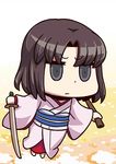  april_fools black_eyes black_hair chibi fate/grand_order fate_(series) holding japanese_clothes jitome kara_no_kyoukai kimono official_art riyo_(lyomsnpmp) ryougi_shiki solo star sword weapon 