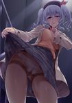  ass_visible_through_thighs bangs beige_coat beret black_legwear blue_eyes blue_skirt blush breasts cameltoe closed_mouth commentary_request darkmaya eyebrows_visible_through_hair finger_to_mouth from_below gusset hair_between_eyes hair_ornament hat indoors kantai_collection kashima_(kantai_collection) legs_apart lifted_by_self long_sleeves looking_at_viewer medium_breasts naughty_face panties panties_under_pantyhose pantyhose shirt silver_hair skirt skirt_lift smile solo standing thighband_pantyhose two_side_up underwear white_panties yellow_shirt 