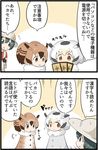  3girls =3 backpack bag black_hair brown_eyes comic commentary_request doyagao eurasian_eagle_owl_(kemono_friends) fur_collar hat head_wings helmet kaban_(kemono_friends) kemejiho kemono_friends multicolored_hair multiple_girls no_nose northern_white-faced_owl_(kemono_friends) partially_translated pith_helmet short_hair smile source_quote_parody sweatdrop translation_request two-tone_hair 